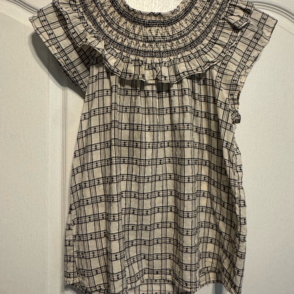 LOFT Checkered Ruffle Sleeve Blouse